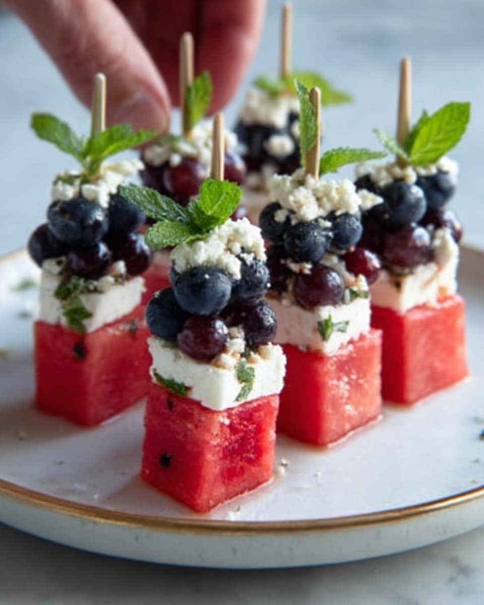 The image shows six small stacks of food arranged on a white plate with a thin golden edge, set on a white marbled surface. Each stack has three layers: the bottom layer is a cube of red watermelon, the middle layer is a cluster of dark blue grapes, and the top layer is another cube of watermelon. On top of each stack, white crumbled cheese is sprinkled, along with small green mint leaves for decoration. A skewer pierces through each stack, holding them together, and a woman's hand is visible in the background, gently arranging one of the stacks. The overall look is fresh, colorful, and neatly arranged. photo taken with an iphone --ar 4:5 --v 7