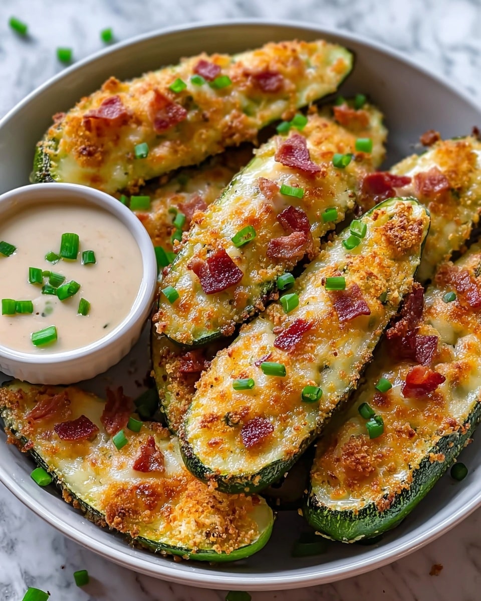 The image shows a white bowl filled with several stuffed zucchini halves that have a golden-brown crispy top layer made of melted cheese and breadcrumbs. Each zucchini half has a green outer skin with a textured, slightly rough surface, while the filling inside looks creamy and baked to perfection. Small pieces of crispy bacon and fresh green chopped chives are sprinkled on top of the cheesy crust, adding spots of red and bright green color. A small white bowl with a creamy dipping sauce garnished with chives is placed near the zucchinis inside the main bowl. All of this rests on a white marbled surface. photo taken with an iphone --ar 4:5 --v 7