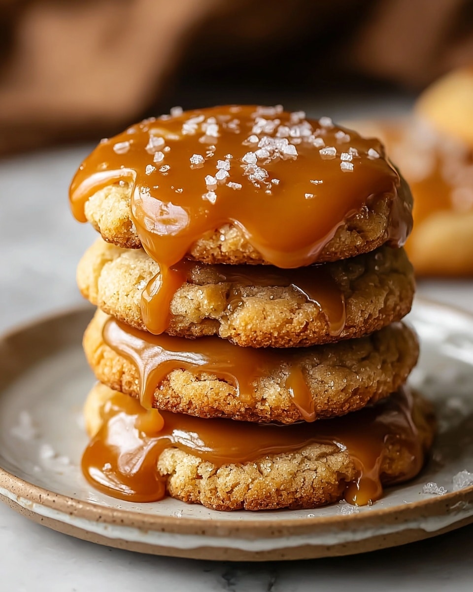 A stack of four golden brown cookies with slightly crispy edges and soft, chewy centers is shown on a white plate. The top cookie is covered with thick, glossy caramel sauce that drips down the sides, and the caramel is sprinkled with coarse sea salt flakes. The cookies have a textured surface that contrasts with the smooth caramel. The image is set on a white marbled texture surface with a blurred background. Photo taken with an iphone --ar 4:5 --v 7