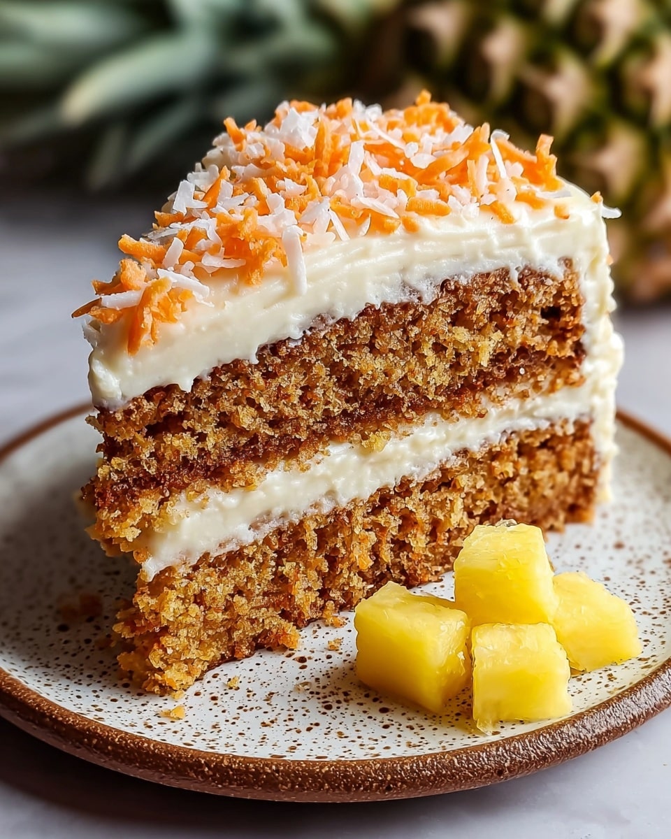 A slice of two-layer carrot cake is shown on a white plate with a speckled brown rim, sitting on a white marbled texture surface. The bottom layer is golden brown and crumbly, topped with a thick creamy white frosting layer. Above this is the second golden brown carrot cake layer, again covered by a thick white frosting layer that extends to the sides of the cake slice. The top is decorated with finely shredded orange carrot pieces mixed with white coconut flakes. On the plate, near the cake slice, are four small chunks of bright yellow pineapple adding a fresh contrast. Photo taken with an iphone --ar 4:5 --v 7