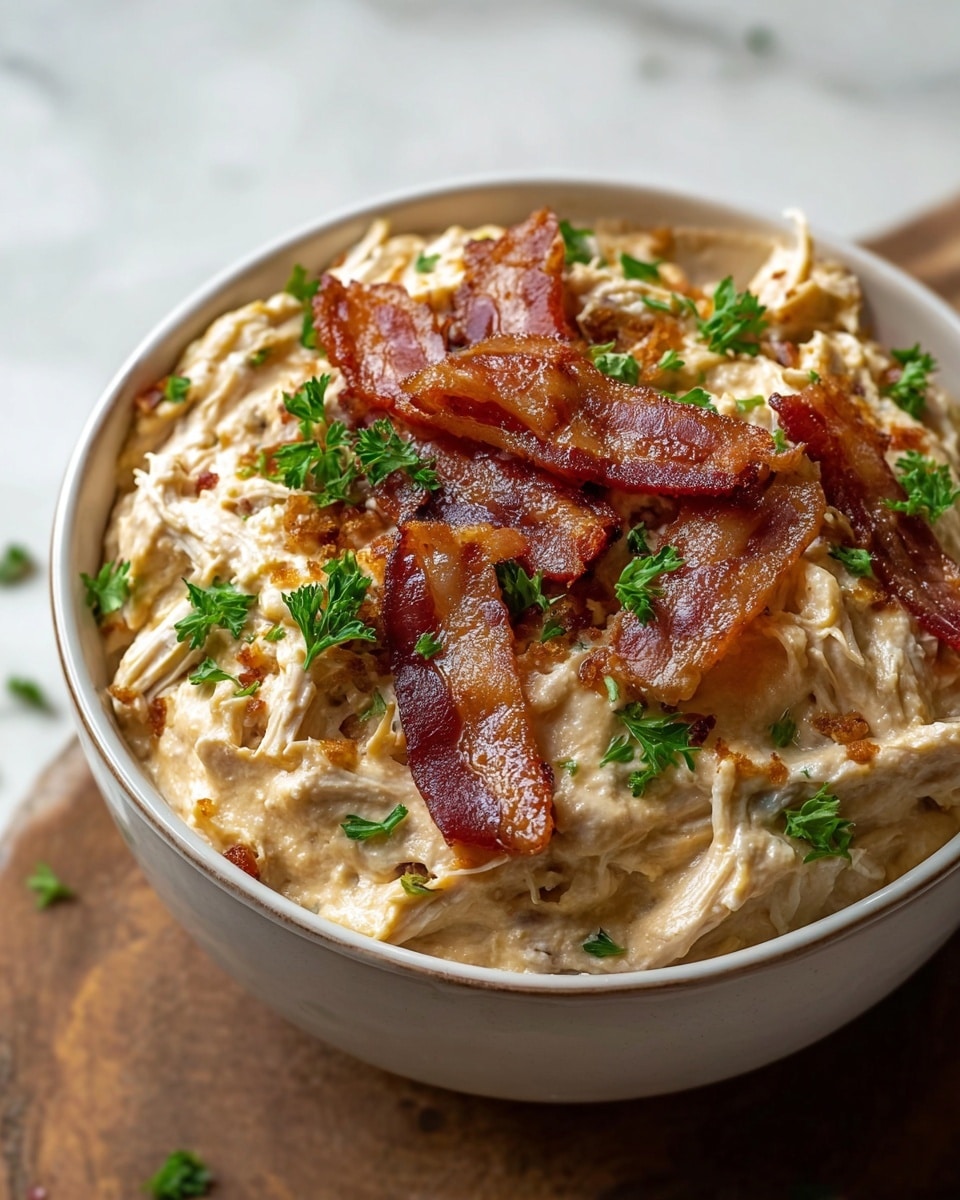 The image shows a bowl with a creamy, thick dip as the base layer, light beige in color with a soft, slightly chunky texture, topped with pieces of shredded chicken mixed within. On top are thin strips of crispy, reddish-brown bacon, arranged unevenly over the dip. Small green parsley leaves are sprinkled over the bacon and dip, adding a fresh touch. The bowl is white and placed on a white marbled surface, giving a clean and simple background that highlights the rich colors and textures of the dish. Photo taken with an iphone --ar 4:5 --v 7