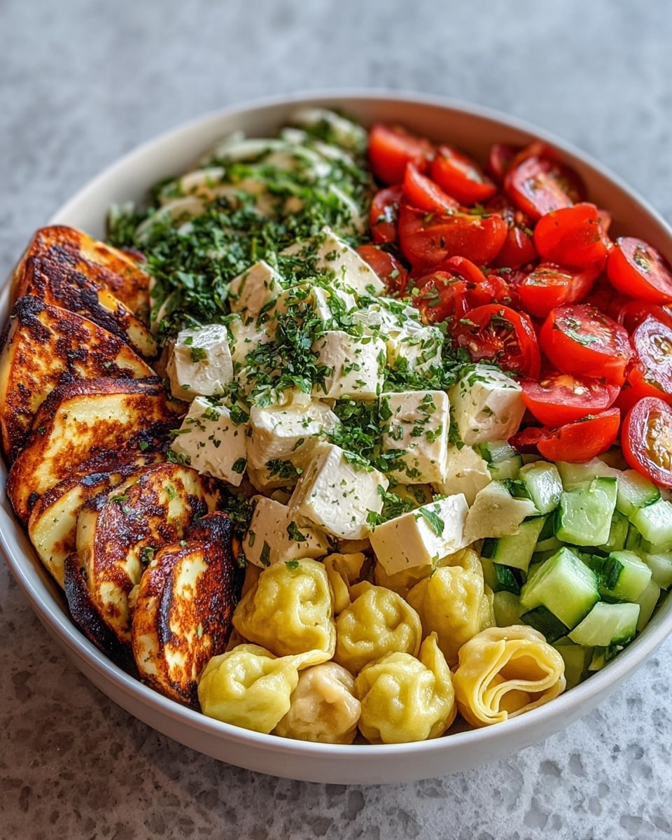 A bowl filled with six different layers arranged side by side: starting with grilled, golden-brown halloumi cheese slices on the left, next to finely chopped green herbs, followed by a pile of white cheese cubes with green herbs sprinkled on top in the center. To the right of the cheese cubes, there are bright red cherry tomato halves, then small yellow cooked dumplings, and finally, diced green cucumber pieces at the front. The bowl is white and sits on a white marbled surface. The image is sharp and bright, with natural light giving texture and color contrast. photo taken with an iphone --ar 4:5 --v 7
