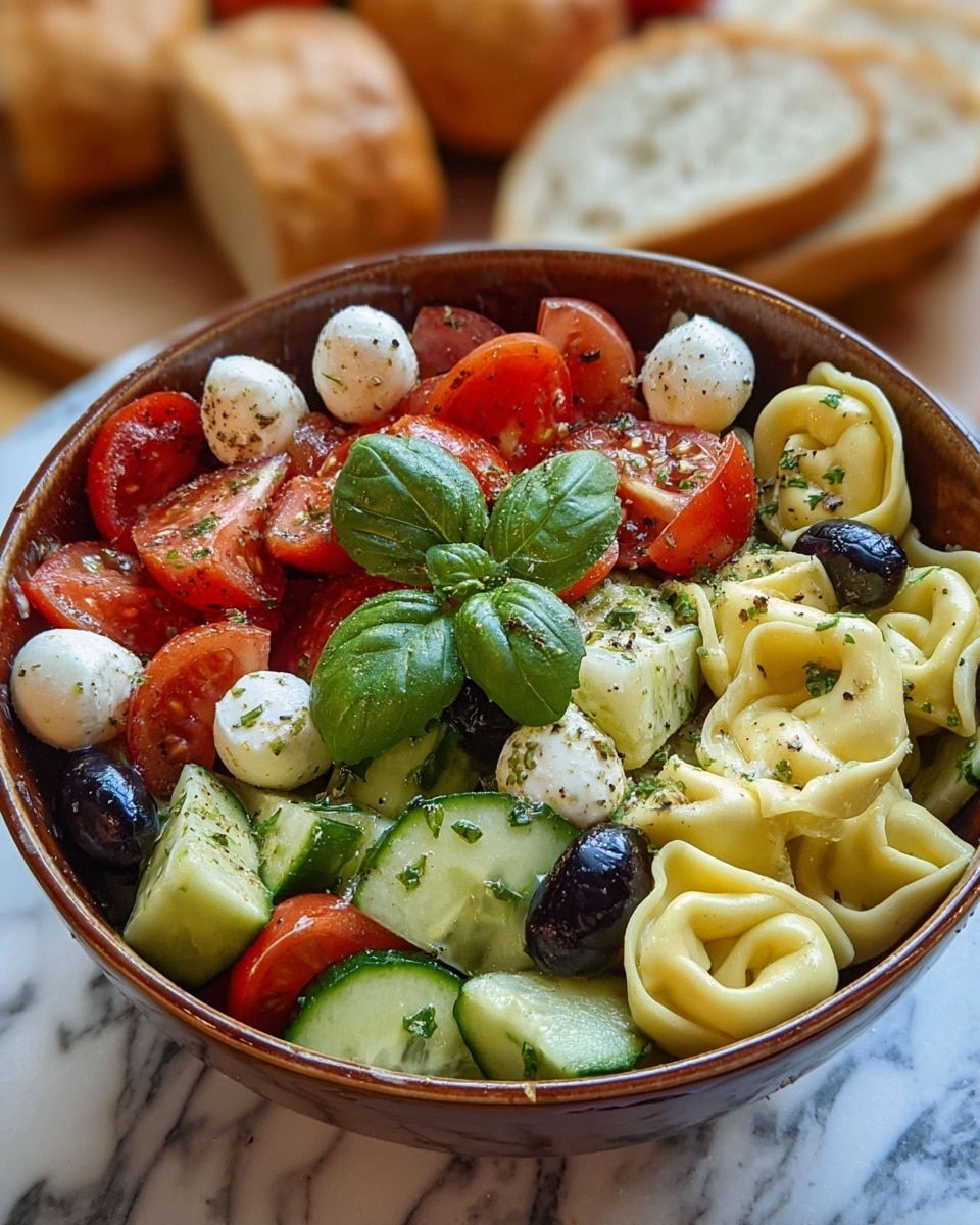 A close-up view of a brown bowl filled with a colorful salad featuring three main layers: the bottom layer has pale yellow tortellini pasta, the middle layer contains bright green cucumber slices and deep black olives, and the top layer is made of vibrant red cherry tomato halves and white mozzarella balls scattered evenly across the bowl. The salad is seasoned with green herbs and black pepper, and four fresh green basil leaves sit on top in the center. The bowl is placed on a white marbled textured surface, with blurred bread pieces visible in the background. photo taken with an iphone --ar 4:5 --v 7