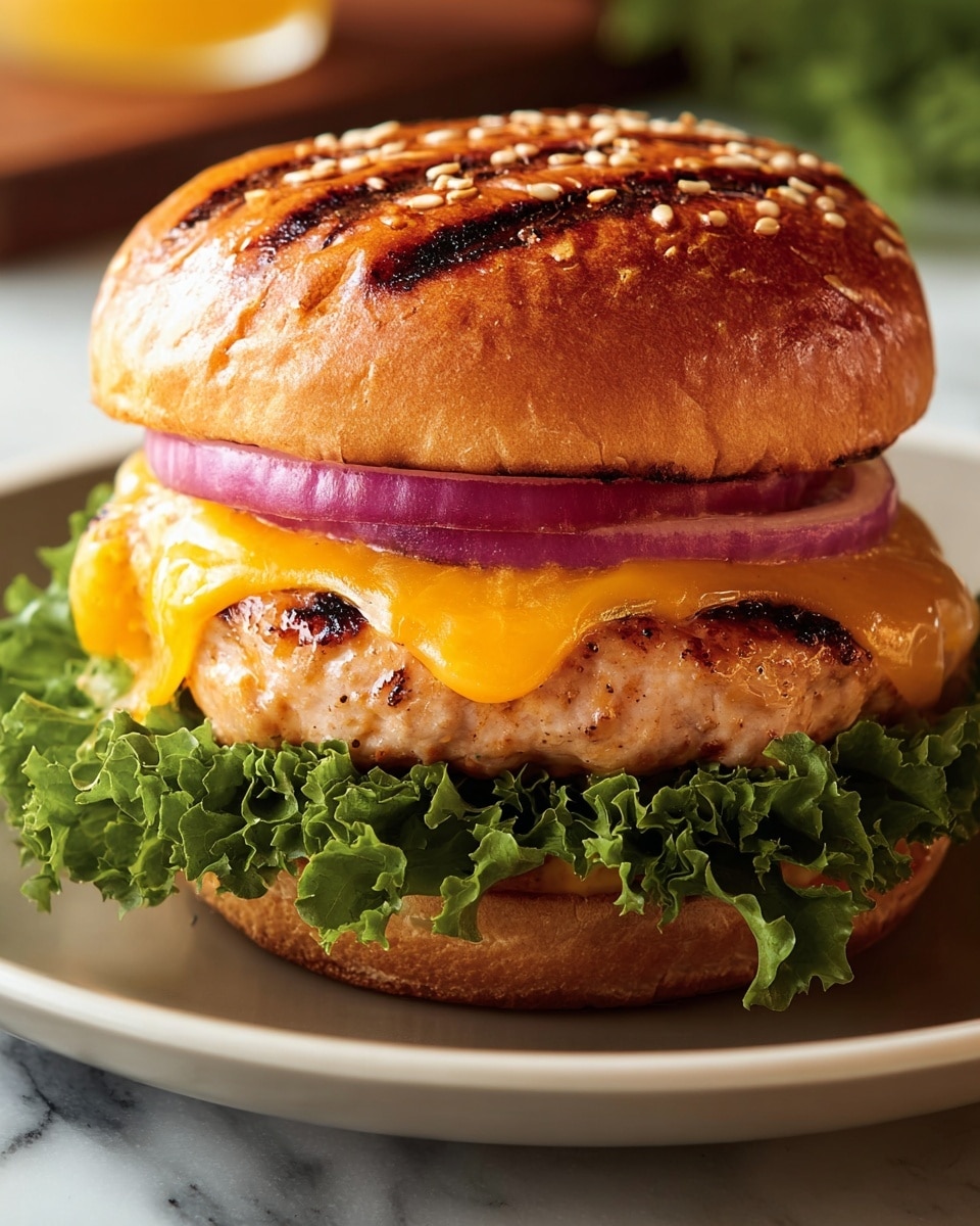 A close-up view of a sandwich with four clear layers: the bottom toasted bun with a light brown color and slightly rough texture, topped by fresh green leaf lettuce that has a ruffled and crisp look; above the lettuce is a juicy, grilled chicken patty with a light brown color and visible grill marks, melted bright orange cheddar cheese covers the patty, and a thick slice of purple-red onion rests on the cheese; the sandwich is finished with a golden-brown toasted bun top sprinkled with sesame seeds and visible grill lines. The sandwich sits on a white plate, placed on a white marbled surface. photo taken with an iphone --ar 4:5 --v 7