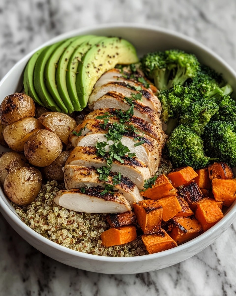 A white bowl holds a healthy meal with five main parts arranged in layers. The bottom layer is light brown quinoa filling the bowl. On top of that, in the center, is grilled chicken breast sliced into five strips, showing a white inside with charred grill marks and green chopped herbs sprinkled on top. To the left of the chicken, there are small round roasted golden-brown potatoes mixed with slices of roasted orange carrots. Above the potatoes, two slices of fresh green avocado are placed side by side, sprinkled with black pepper. Above the chicken, bright green broccoli florets fill the space, while on the right side, there are orange roasted sweet potato cubes with charred edges. The whole bowl sits on a white marbled surface. photo taken with an iphone --ar 4:5 --v 7