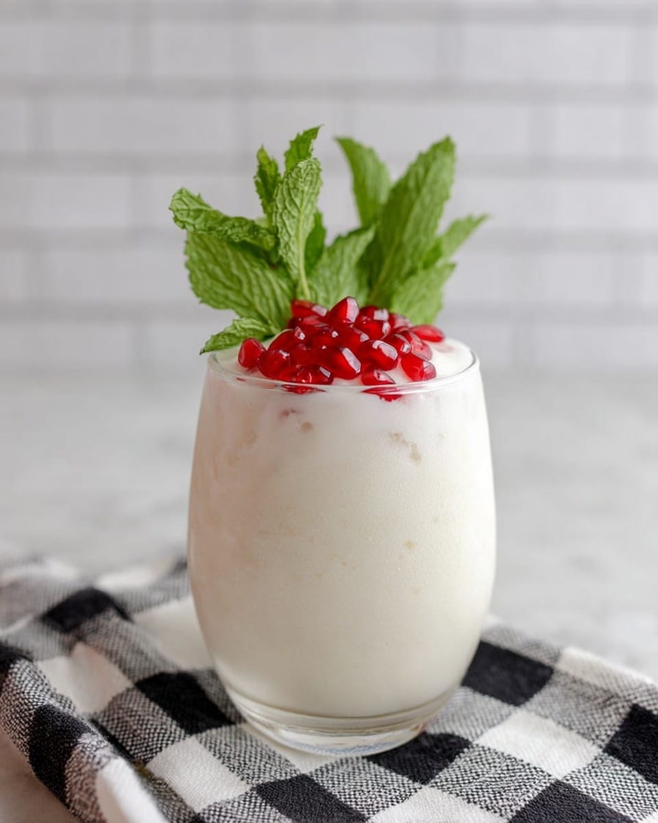 A clear glass filled with a creamy white drink that has a thick, smooth texture with light swirls visible inside. On top, bright red pomegranate seeds form a small cluster, sitting slightly sunken in the foam. Behind the seeds, several fresh green mint leaves stand upright, adding height and contrast to the drink. The glass is placed on a black and white checkered cloth, set against a clean white marbled surface with a soft, out-of-focus tiled white wall in the background. photo taken with an iphone --ar 4:5 --v 7