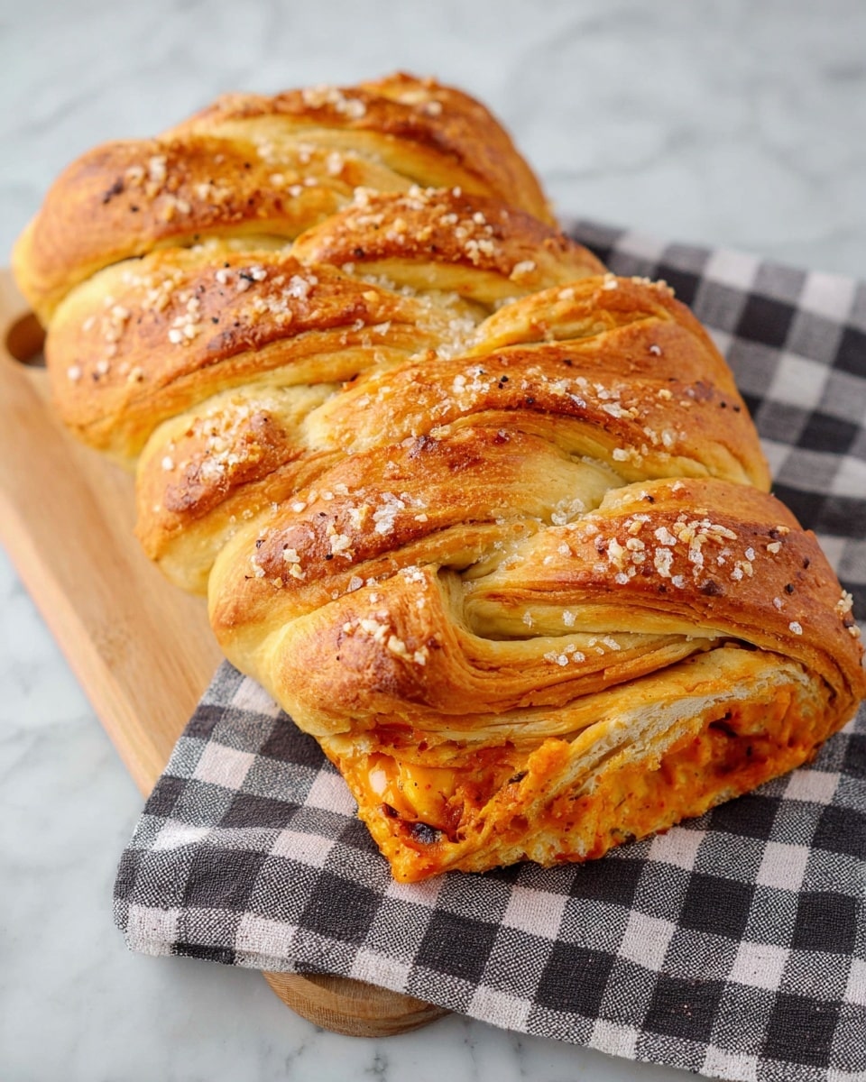 The image shows a braided pastry loaf resting on a wooden board over a black and white checkered cloth, placed on a white marbled surface. The loaf has about three visible layers of golden brown, flaky dough strips woven tightly on top, slightly puffed and sprinkled with sugar crystals and small dark spots, giving a crunchy texture. Inside, the filling is an orange-colored smooth paste, visible through the openings between the woven dough. The loaf’s end is rounded and shows the thick orange filling enclosed by the flaky pastry layers. photo taken with an iphone --ar 4:5 --v 7