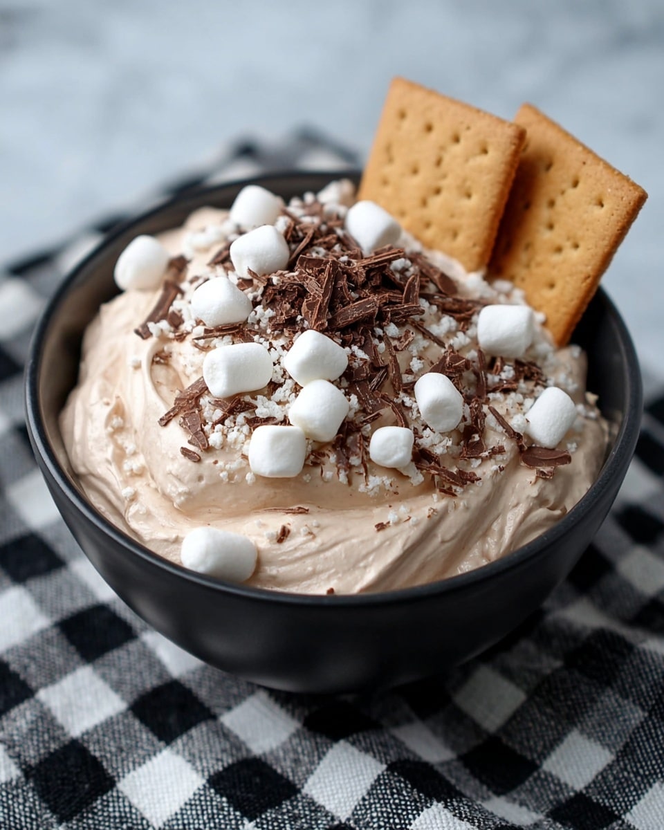 A black bowl filled with one main thick layer of light brown whipped cream topped with a sprinkle of small white mini marshmallows and thin shavings of dark brown chocolate. Two rectangular golden brown graham crackers are placed upright and partially inserted into the whipped cream on the right side. The bowl sits on a black and white checkered cloth with a white marbled textured surface beneath. photo taken with an iphone --ar 4:5 --v 7