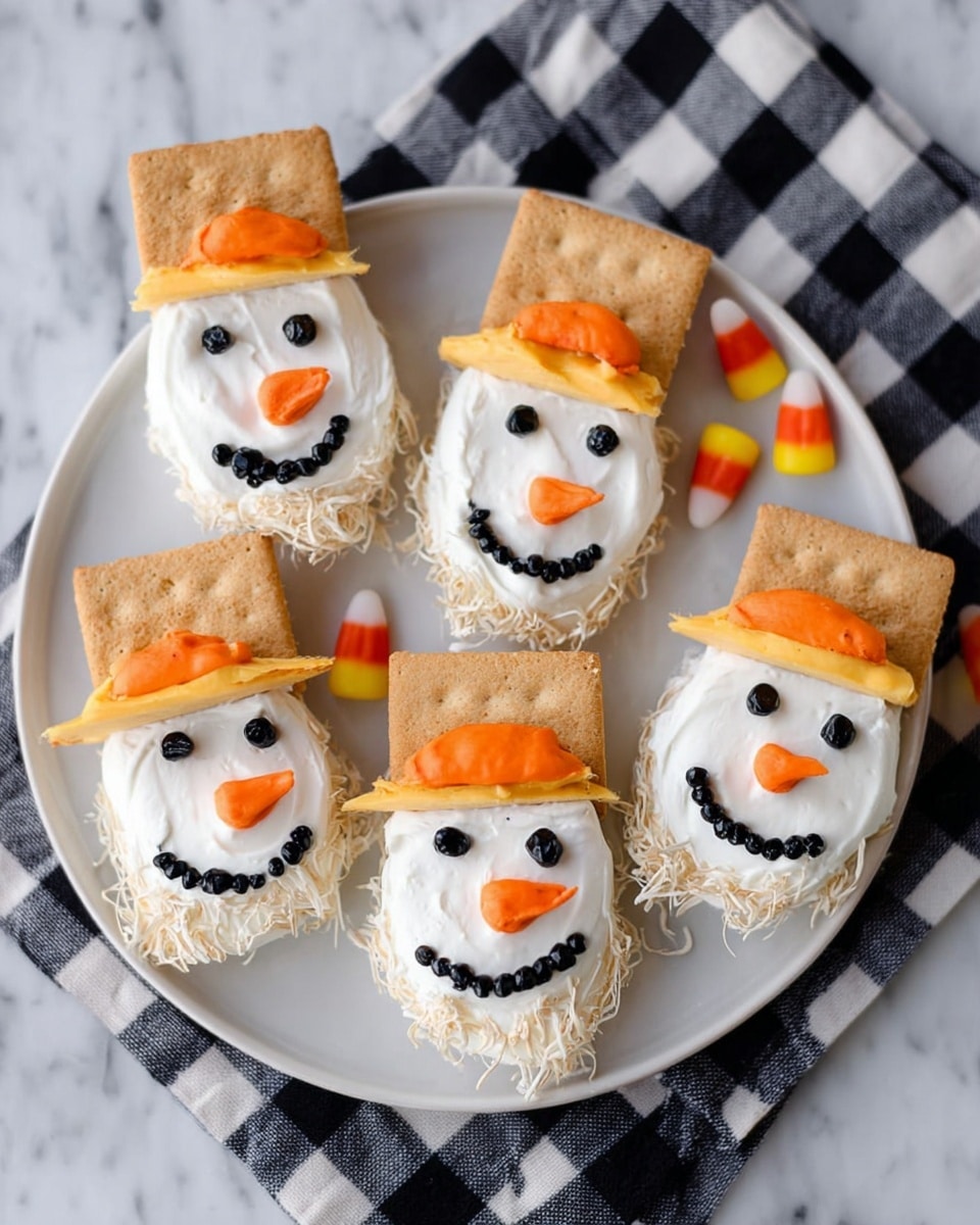The plate shows six snowman-shaped treats on a white plate placed on a black and white checkered cloth over a white marbled surface. Each treat has three main parts: the base is an oval-shaped piece covered in white frosting with small black icing dots for eyes and a curved black icing line for a smiling mouth. Each snowman has a candy corn piece with orange, yellow, and white colors as a nose in the middle of the face area. Around the sides of the frosting, there are strands of light beige shredded wheat or similar for hair. On top of each snowman's head are two square graham crackers with a layer of orange frosting between them, resembling a hat. The arrangement and coloring create a playful, cute look. photo taken with an iphone --ar 4:5 --v 7
