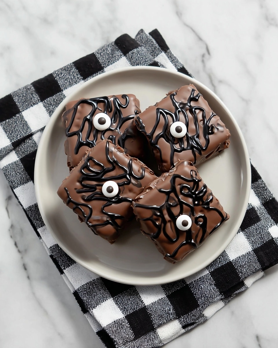 The image shows four square-shaped chocolate treats on a round white plate, sitting on a black and white checkered cloth over a white marbled surface. Each chocolate square is covered with a smooth layer of milk chocolate and decorated with black chocolate drizzle in irregular swirly patterns, and topped with a small white candy eye, creating a playful and spooky look. The chocolates are stacked closely together, creating a group of four similar pieces. Photo taken with an iphone --ar 4:5 --v 7