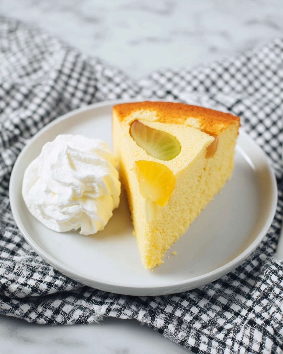 A white plate holds one slice of yellow sponge cake with a light brown edge, featuring thin, slightly curved slices of fruit embedded in the cake's top layer. To the left of the slice is a soft, fluffy dollop of white whipped cream. The plate is set on a black and white checkered cloth, all placed on a white marbled surface. photo taken with an iphone --ar 4:5 --v 7