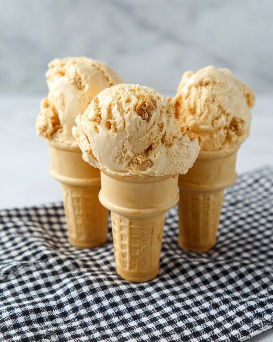 Three ice cream cones are standing upright on a black and white checkered cloth placed on a white marbled surface. Each cone is light beige with a classic waffle pattern. On top of each cone, there are generous scoops of creamy, light orange ice cream with a slightly rough texture and some small crumb-like bits embedded in it. The ice cream looks soft and slightly melting around the edges. The background is blurred and simple, emphasizing the ice cream cones. photo taken with an iphone --ar 4:5 --v 7