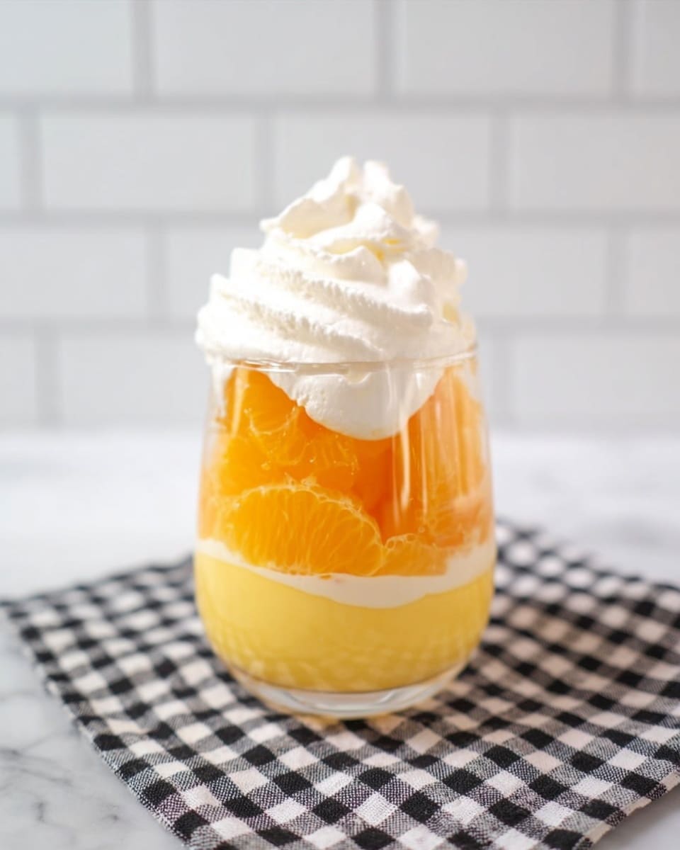 A clear glass holds a three-layered dessert standing on a black and white checkered cloth on a white marbled surface. The bottom layer is a smooth yellow jelly-like substance, followed by a middle layer of bright orange tangerine segments, slightly piled up. The top layer is a soft white whipped cream, puffed and overflowing over the rim of the glass. The background shows white subway tiles. photo taken with an iphone --ar 4:5 --v 7