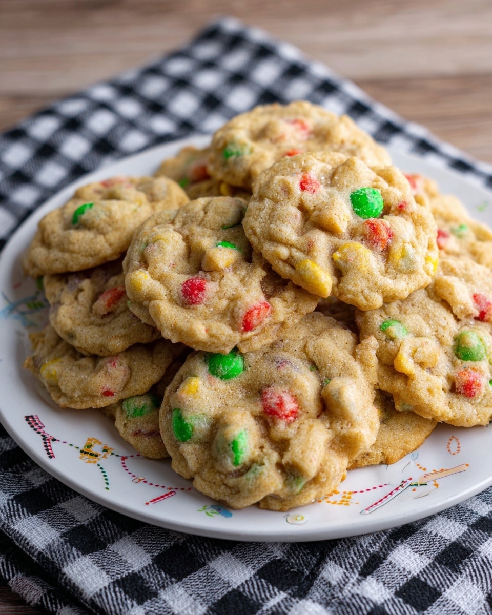 The image shows a white plate filled with multiple cookies stacked in a casual pile. Each cookie has a light brown, slightly glossy texture with visible colorful candy pieces embedded throughout, including red, green, and yellow spots. The cookies appear soft and chewy with a somewhat uneven, homemade shape. The plate has faint, colorful text and small drawn designs on the rim. The plate is placed on a light wood surface partially covered by a black and white checkered cloth. photo taken with an iphone --ar 4:5 --v 7