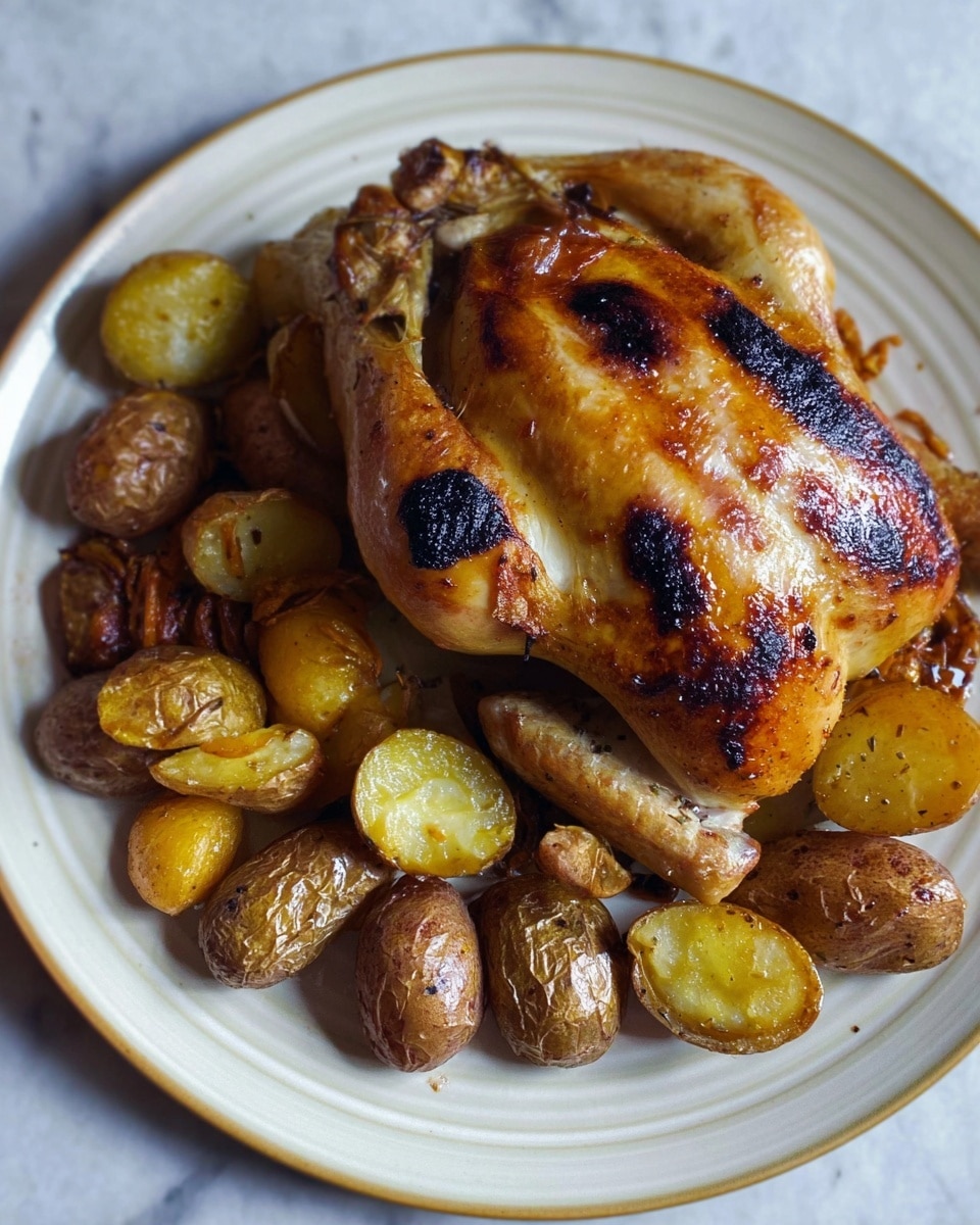 A whole roasted chicken with a golden brown skin and several black charred spots sits on the right side of a large white plate. To the left of the chicken are many roasted fingerling potatoes in various shades of brown and yellow, some with a shiny, slightly wrinkled texture. The plate rests on a white marbled surface. photo taken with an iphone --ar 4:5 --v 7