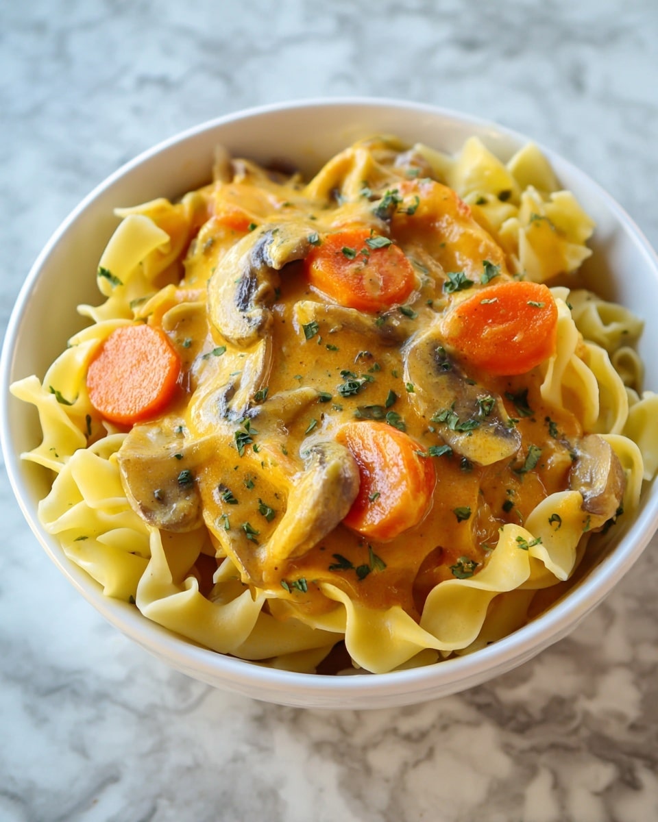 A white bowl filled with wide egg noodles at the base, with a creamy orange-yellow sauce poured on top, containing round slices of bright orange carrots, thin slices of brown mushrooms, and small bits of green herbs scattered over the sauce. The noodles have a soft, curled texture, and the sauce looks thick and rich, coating the vegetables and noodles evenly. The bowl is placed on a white marbled surface. photo taken with an iphone --ar 4:5 --v 7