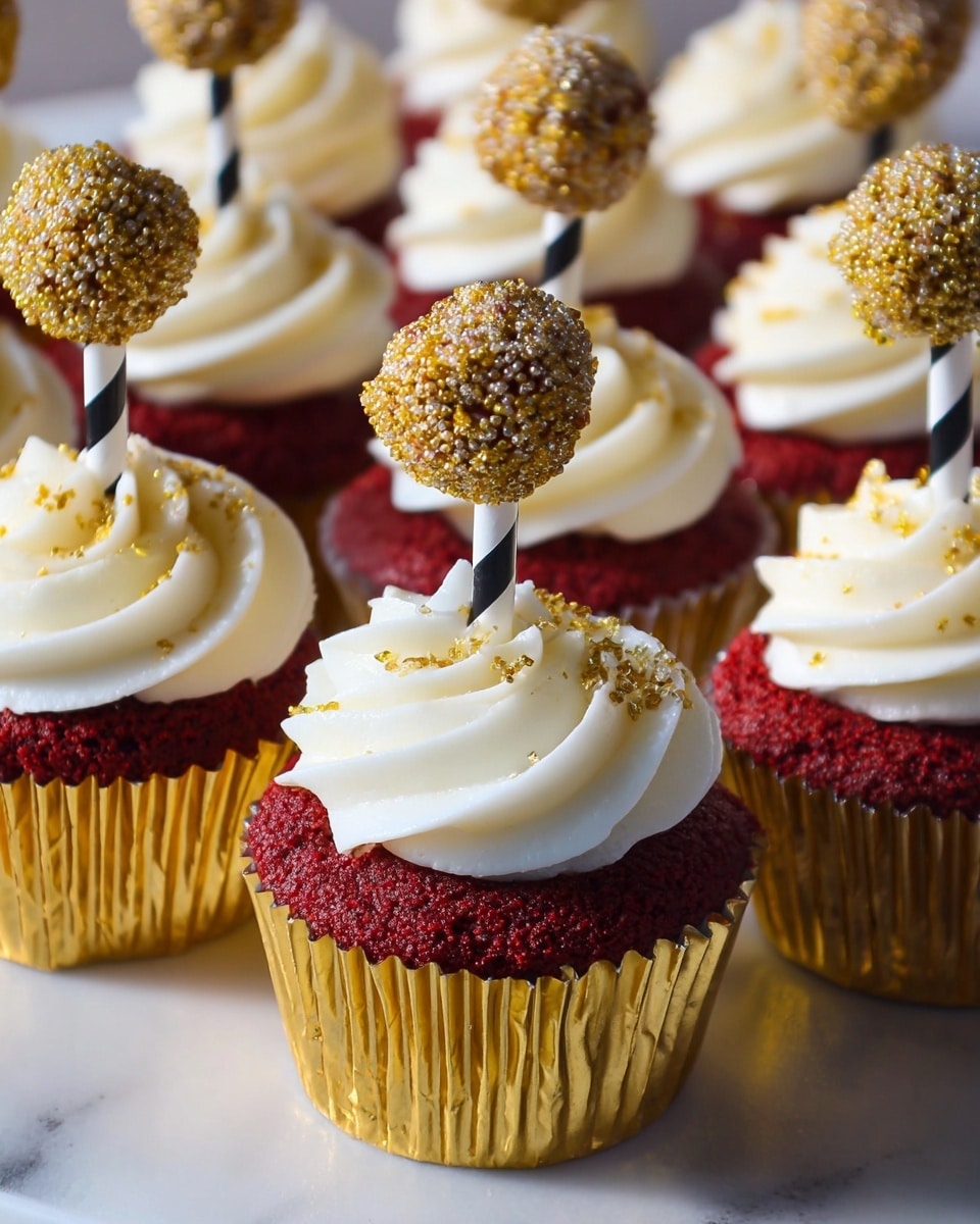 The image shows several red velvet cupcakes in shiny gold wrappers on a white marbled surface. Each cupcake has one layer of rich red cake topped with a thick swirl of smooth white cream cheese frosting sprinkled with small gold sugar crystals. Each cupcake is pierced in the center by a black-and-white striped stick topped with a gold-coated cake pop covered in crunchy bits. The cupcakes are arranged close together, filling the frame, with a soft focus in the background. photo taken with an iphone --ar 4:5 --v 7