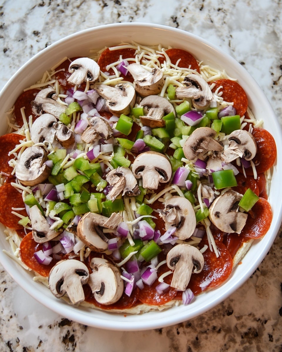 A white shallow bowl holds an uncooked layered pizza. The bottom layer is a light brown pizza crust covered with a spread of red tomato sauce. On top of the sauce is a layer of shredded pale yellow cheese. Scattered above the cheese are thin dark red pepperoni slices, irregular pieces of bright green bell pepper, small chopped purple red onions, and many halved light brown mushrooms with their white undersides visible. The bowl is placed on a white marbled surface. photo taken with an iphone --ar 4:5 --v 7