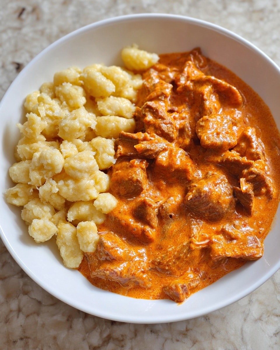 A white bowl contains two main parts: on one side, there is a heap of small, pale yellow dumplings with a rough, soft texture, and on the other side, there are chunks of meat coated in a thick, rich reddish-orange sauce that looks creamy and smooth. The dumplings appear light and tender, while the meat pieces are irregular in shape and fully covered by the sauce. The bowl is placed on a white marbled surface. photo taken with an iphone --ar 4:5 --v 7