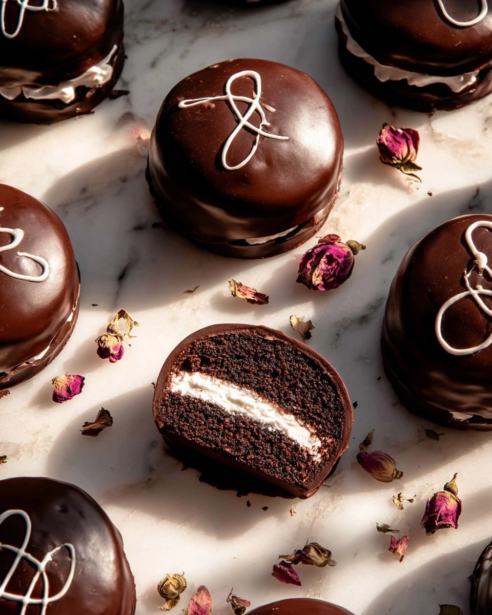 The image shows several round chocolate-covered cakes spread on a white marbled surface. Each cake has a smooth, glossy dark chocolate outer layer with a white looping line decoration on top. One cake is broken open at the bottom, revealing three layers inside: a dark, moist chocolate cake layer on the outside, a creamy white filling in the middle, and a thin chocolate outer shell. Some small dried rosebuds and petals are scattered around the cakes. The lighting casts soft shadows, highlighting the shiny texture of the chocolate. photo taken with an iphone --ar 4:5 --v 7