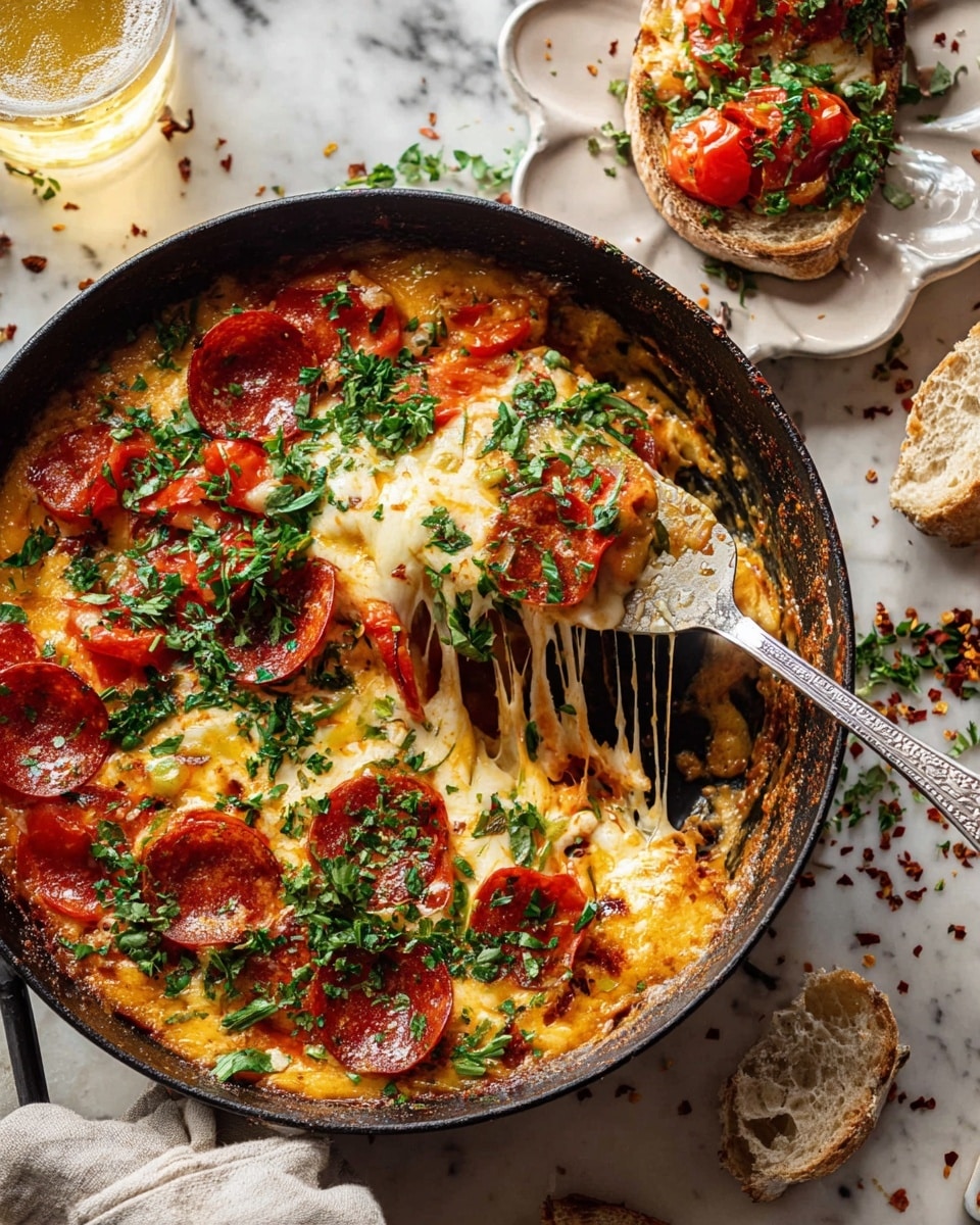 A black skillet filled with a melted cheesy dish that has bright red pepperoni slices partly covered with melted golden cheese, topped with chopped fresh green herbs scattered all over. Inside the skillet, chunks of softened orange and red bell peppers are visible under the stretchy cheese being lifted by a silver spatula with a detailed handle. To the upper right, a torn piece of bread topped with cheese, pepperoni, and fresh herbs sits on a white flower-shaped plate. The whole scene is set on a white marbled surface with scattered red chili flakes and a glass of light beer visible off to the side. photo taken with an iphone --ar 4:5 --v 7
