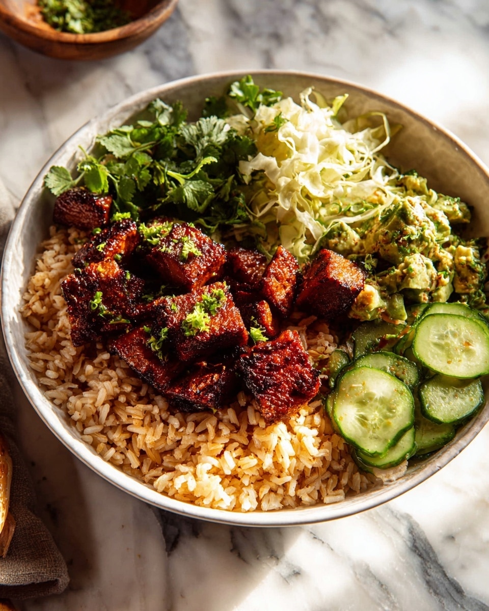 A bowl filled with several layers starts with a base of cooked brown rice, warm and slightly glossy, covering most of the bowl. On one side, there are charred grilled meat cubes with a deep reddish brown color, topped lightly with green herb bits. Next to the meat, there is a small pile of finely shredded pale cabbage. At another side, a chunky green avocado salad sits with pieces of avocado mixed with other green veggies and herbs. Fresh dark green leafy herbs and cucumber slices with bright green skin fill the remaining space on one edge. The bowl is white and sits on a white marbled surface with soft natural light highlighting the textures and colors. photo taken with an iphone --ar 4:5 --v 7