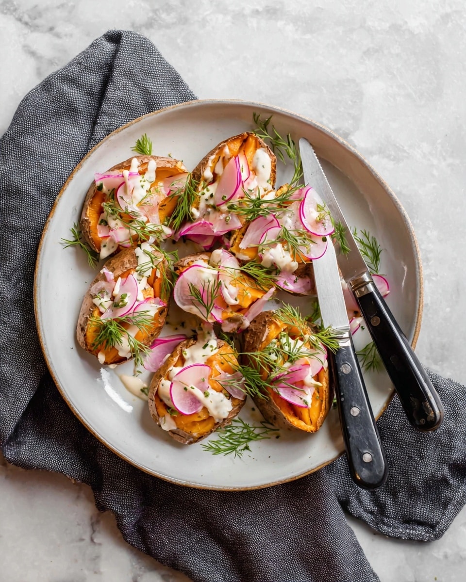 A white round bowl on a white marbled texture holds seven small baked sweet potatoes, each split open to show bright orange soft flesh inside; they are topped with thin slices of pink radish, pale pink pickled onions, fresh green dill sprigs, and creamy white sauce drizzles. A dark grey cloth is placed under the bowl, and on the right side inside the bowl, there are two knives with black and silver handles resting. The colors are natural and fresh, with a simple arrangement that highlights the ingredients. Photo taken with an iphone --ar 4:5 --v 7