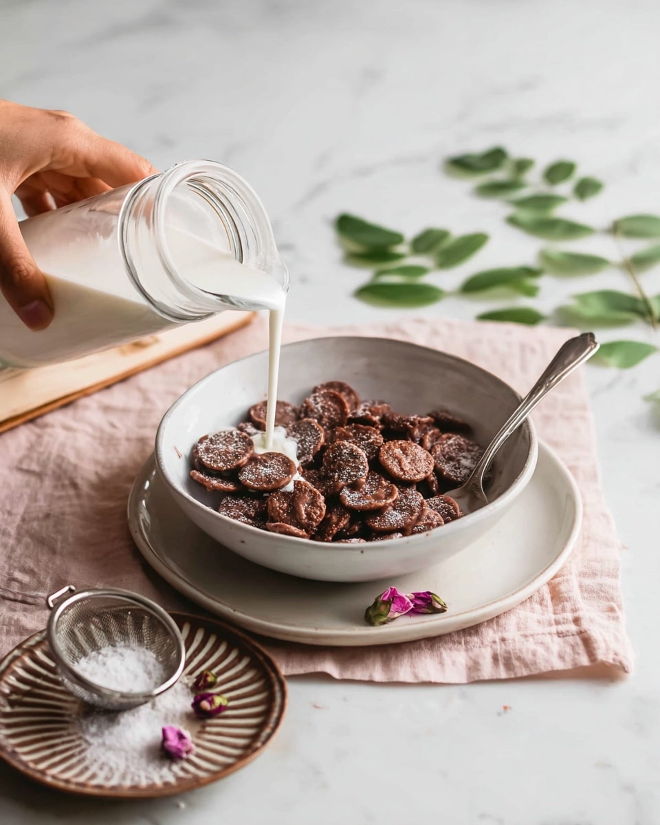 A white bowl filled with round, thick, chocolate-colored cereal pieces sits on a larger white plate, both placed on a light pink cloth on a white marbled surface. A silver spoon rests inside the bowl on the right side. A woman's hand is pouring white milk from a small clear glass jar onto the cereal, creating a smooth stream of milk. Nearby, there is a brown and white striped plate with a small metal strainer filled with white powder and a few small purple flower petals, placed on a light pink book. Green leaves are scattered around the scene. photo taken with an iphone --ar 4:5 --v 7