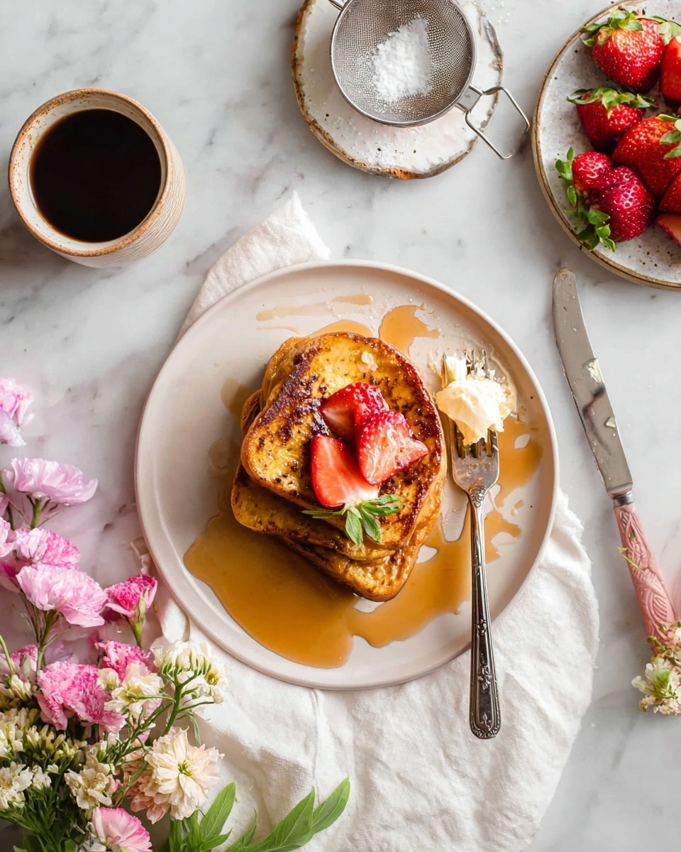 The image shows a plate with two thick slices of golden-brown French toast stacked on top of each other, drizzled with amber-colored syrup pooling around the base. On top and beside the toast are three red strawberries, two whole with green leaves and one sliced in half. A silver knife and fork rest on the right side of the plate, the knife having some butter spread on the blade. The plate is white and sits on a white cloth napkin on a white marbled surface. Nearby, there is a cup of black coffee, a small white dish with powdered sugar and a rustic metal sifter on top, a bowl of fresh strawberries, and some delicate white and pink flowers. Photo taken with an iphone --ar 4:5 --v 7