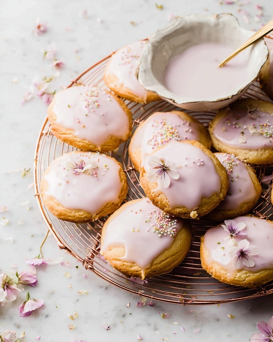 A round copper cooling rack is filled with small round pastries, each with a golden-brown crust and a thick layer of smooth pale pink icing on top. Some pastries are decorated with tiny pastel sprinkles, while others have delicate light pink flowers nestled on the icing. At the back of the rack, a small white bowl holds a pale pink glaze with a gold spoon resting inside. The pastries are placed on a white marbled surface scattered lightly with pink flower petals, adding a soft, elegant touch to the scene. photo taken with an iphone --ar 4:5 --v 7