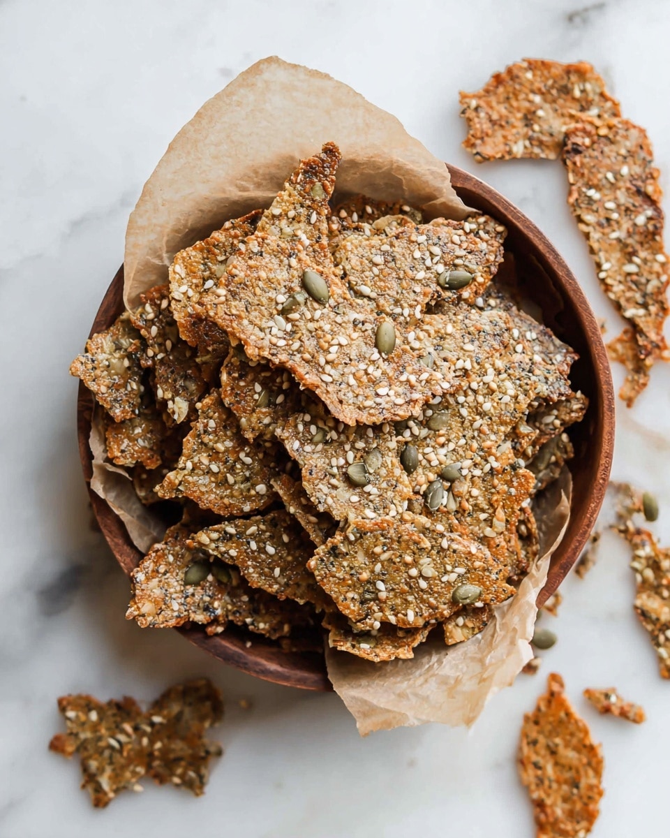 A round brown bowl filled with many pieces of thin, crispy seed crackers stacked loosely, showing a mix of light and dark brown colors with visible sesame seeds and pumpkin seeds, placed on crumpled parchment paper over a white marbled surface, with a few cracker pieces scattered around the bowl. Photo taken with an iphone --ar 4:5 --v 7