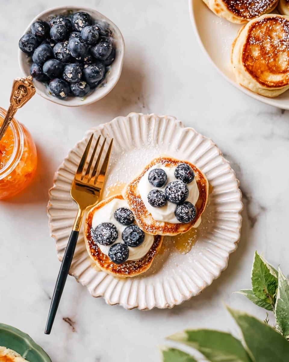 Three small golden-brown pancakes are stacked on a white scalloped plate, each pancake topped with a dollop of creamy white yogurt or cream and decorated with several plump, dark blue blueberries dusted lightly with powdered sugar. A gold and black fork is placed to the left side of the plate. Nearby, a small white bowl is filled with more fresh blueberries, and a jar of orange-colored jam with a spoon rests on the white marbled surface. In the background, a partial view of another white plate shows additional pancakes. Some green leaves are placed at the bottom right corner, adding a natural touch. photo taken with an iphone --ar 4:5 --v 7