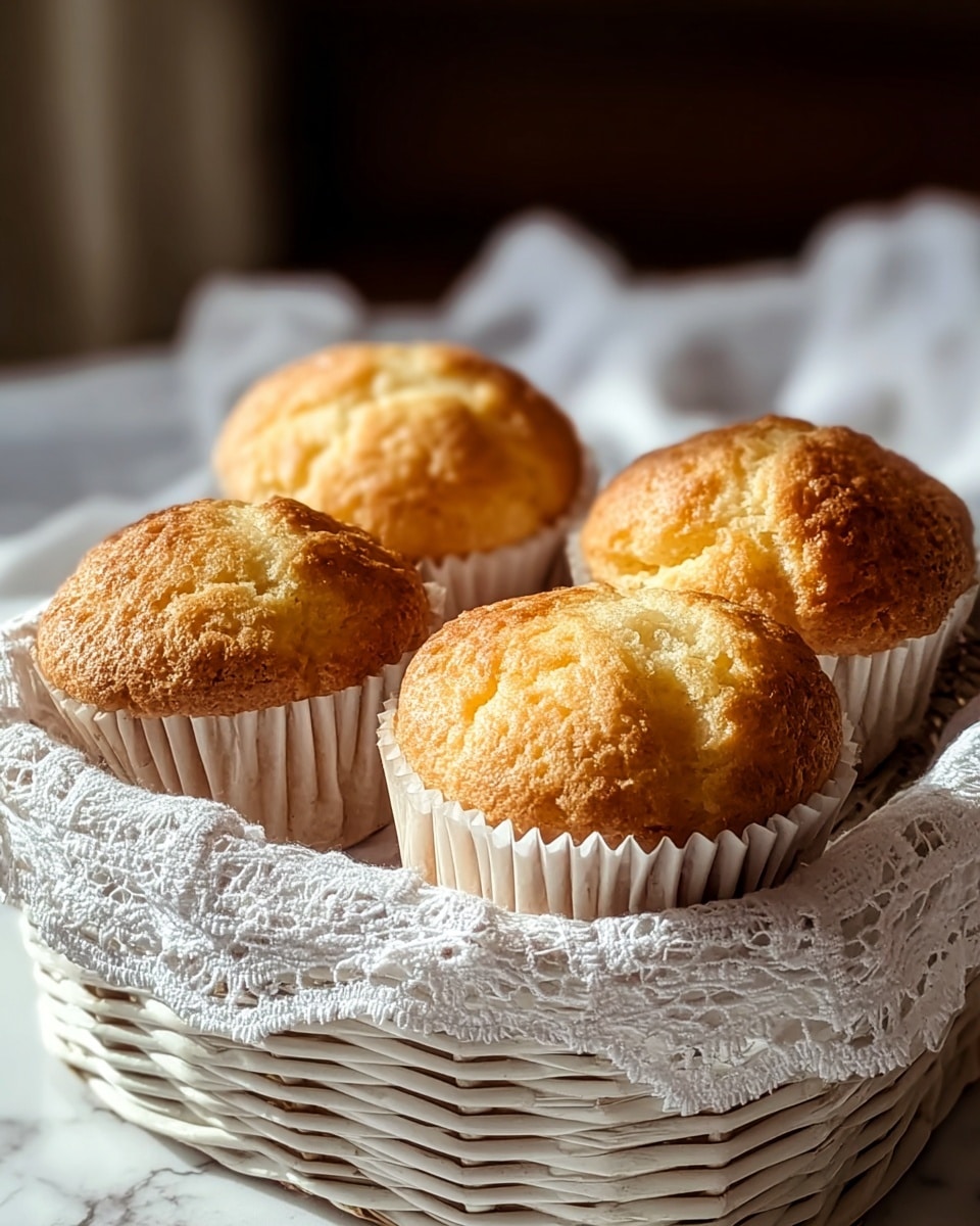 A white wicker basket holds five golden brown muffins with slightly cracked tops, each sitting in white paper liners. The muffins have a soft, slightly bumpy texture and are arranged close together in the basket lined with a delicate white lace cloth. The warm light highlights their fluffy, tender tops, and the background is softly blurred with a white marbled texture beneath the basket. photo taken with an iphone --ar 4:5 --v 7