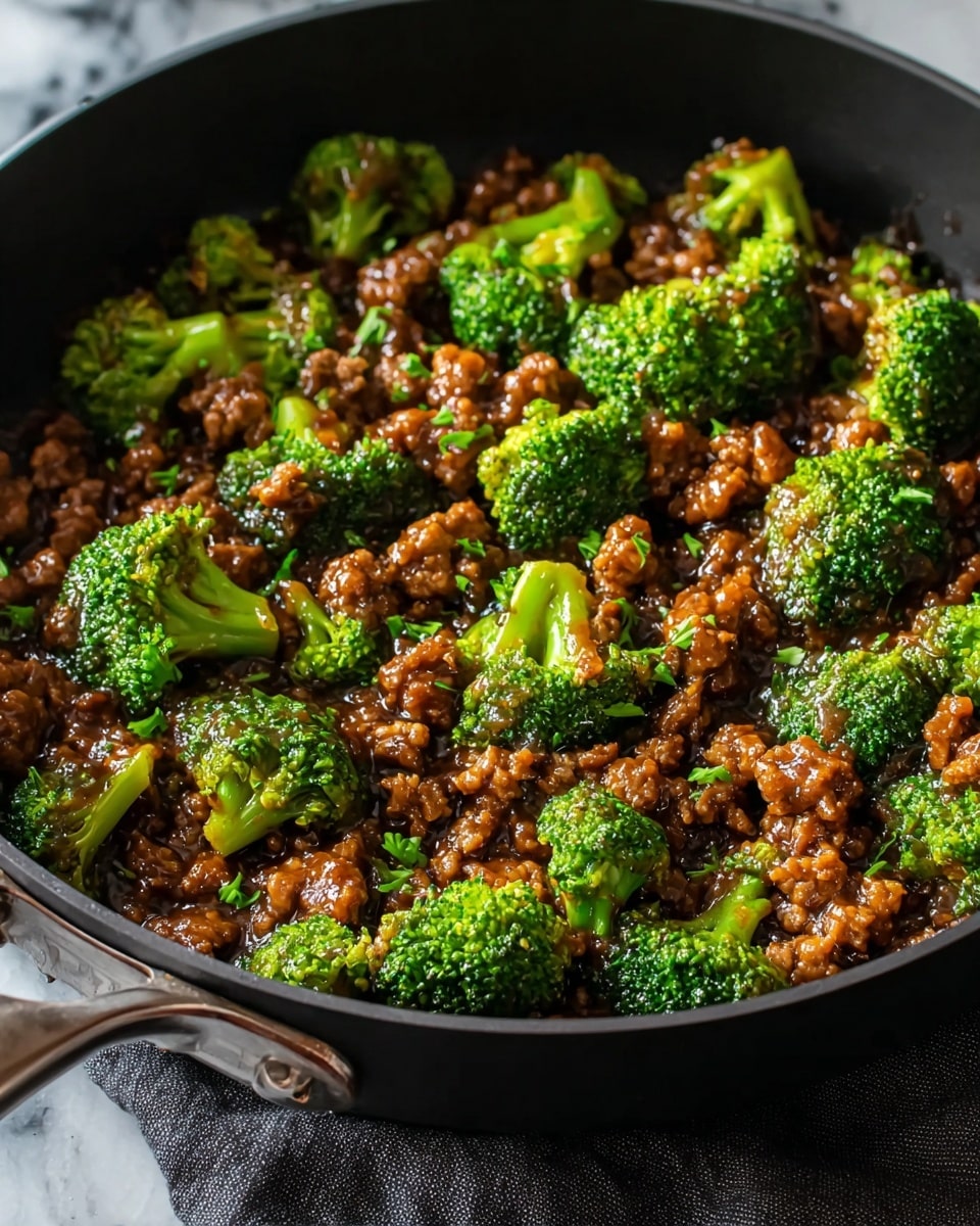 A black frying pan filled with a mix of bright green broccoli florets and small, crumbly brown ground meat pieces coated in a glossy, thick brown sauce. The broccoli is fresh, slightly charred, and scattered evenly through the meat, creating a playful contrast of colors and textures. Some chopped green herbs are sprinkled lightly on top, enhancing the dish's appearance. The pan rests on a dark cloth over a white marbled surface. photo taken with an iphone --ar 4:5 --v 7