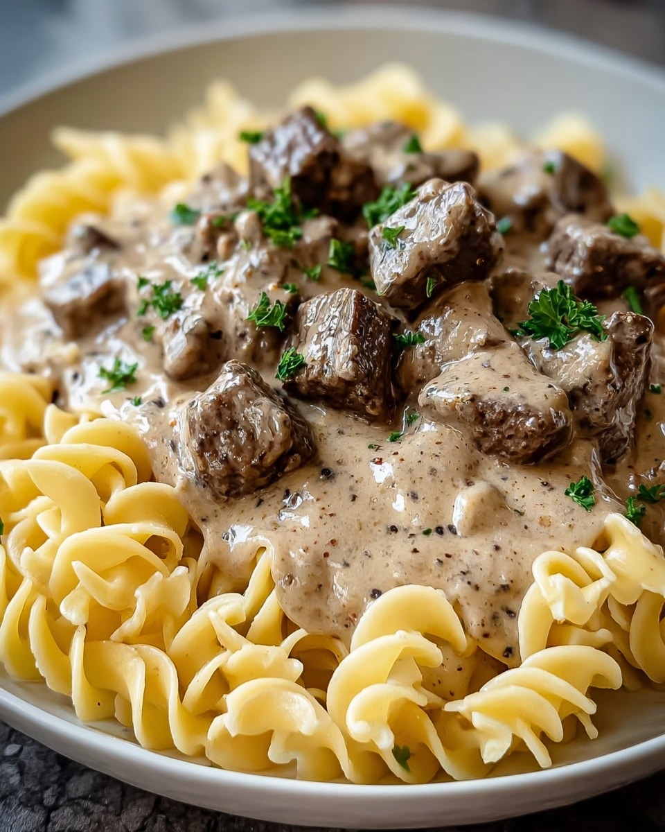 A close-up of a dish showing a thick, creamy beige sauce with small black pepper specks covering chunks of dark brown beef. The sauce is poured over wavy, pale yellow pasta noodles that form the base layer and spread around the edges. The beef pieces are uneven in shape, sitting on top of the pasta, and the sauce looks smooth and glossy. Small bits of fresh green parsley are scattered on top for color. The food is served on a white plate, with a blurred white marbled texture surface in the background. photo taken with an iphone --ar 4:5 --v 7