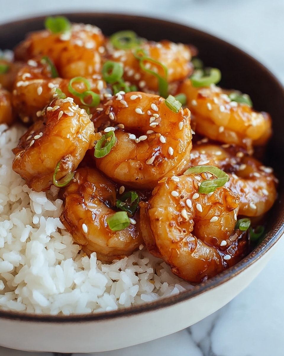 A close-up image shows a bowl filled with two main layers of food. The first layer is white rice with a soft and fluffy texture, placed on one side of the bowl. The second layer consists of several pieces of cooked shrimp with a shiny orange-brown color due to a glaze or sauce coating them, arranged closely together next to the rice. The shrimp are garnished with small white sesame seeds and chopped green onions, adding spots of white and bright green over the shiny shrimp. The bowl is white, set on a white marbled surface, and the photo is taken closely to highlight the textures and colors of the shrimp and rice. photo taken with an iphone --ar 4:5 --v 7