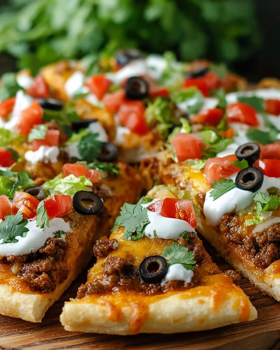 A close-up of a thick pizza sliced into wedges, each slice showing a golden-brown thick crust base topped with melted orange and white cheese covering a layer of cooked ground beef. On top, there are diced red tomatoes, chopped green lettuce, small round black olive slices, and scattered fresh bright green cilantro. There are also dollops of white sour cream spread on some areas. The pizza is on a wooden board, with a blurred green leafy background behind it. photo taken with an iphone --ar 4:5 --v 7
