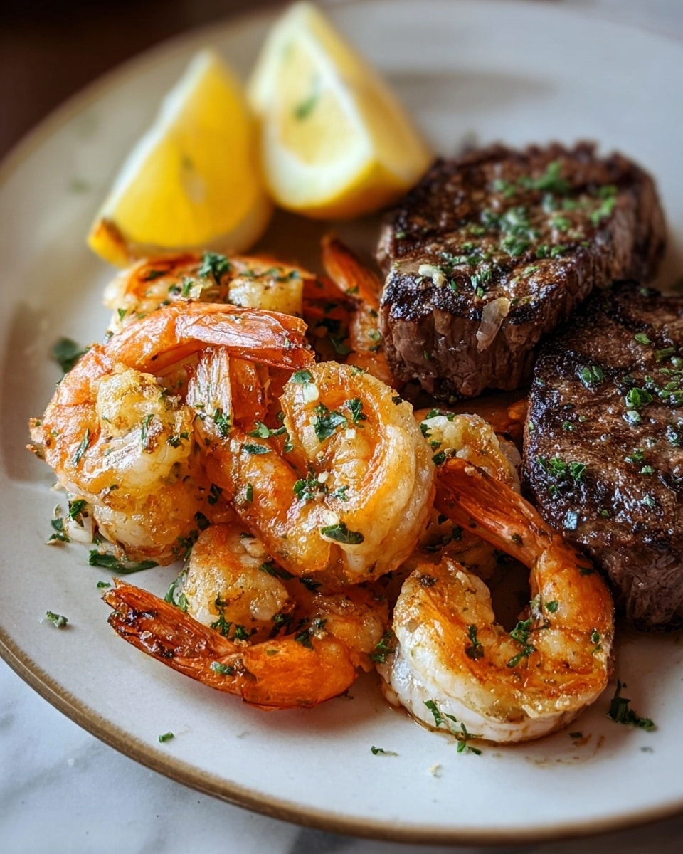 A white plate holds a meal with two main parts: several cooked shrimp and two small grilled steaks. The shrimp have a pinkish-orange color with some white parts, and are sprinkled with small green herbs all over. The steaks are dark brown with grill marks and a juicy texture. At the back of the plate, two lemon wedges with a pale yellow color sit partly leaning against the food. The whole plate is set on a white marbled surface. photo taken with an iphone --ar 4:5 --v 7