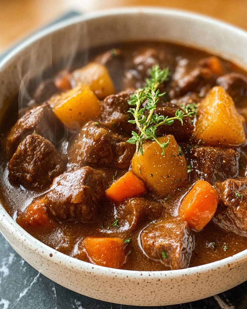A close-up of a bowl filled with thick beef stew showing several large pieces of brown beef chunks in rich brown gravy, orange carrot chunks, and light yellow potato pieces mixed throughout; a small green sprig of thyme rests on top of the stew. The bowl is white with a speckled design on the outside, and steam rises gently from the hot stew. The background is a white marbled texture. photo taken with an iphone --ar 4:5 --v 7