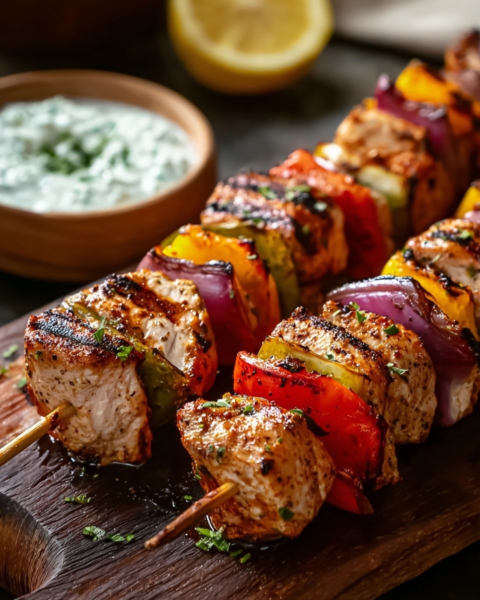 Two grilled chicken skewers lie on a dark wooden board. Each skewer has chunky, browned chicken pieces with clear grill marks, alternating with slices of red bell pepper, yellow bell pepper, and purple onion. The chicken pieces are well-seasoned with small green herb bits. In the background, there is a small bowl of creamy white sauce with green herbs on a white marbled surface. A wedge of lemon can also be seen blurred in the background. Photo taken with an iphone --ar 4:5 --v 7