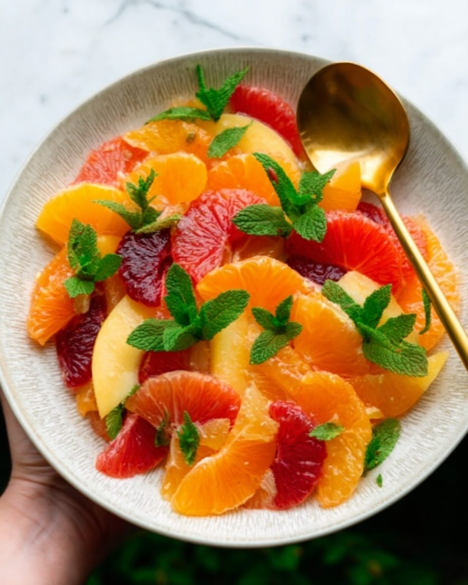 A white ceramic bowl filled with a colorful fruit salad made up of layered sections of bright orange mandarin slices, pale yellow peach slices, and red plum slices. Fresh green mint leaves are scattered on top, adding contrast and freshness. A gold spoon rests on the side inside the bowl, which is held by a woman's hand against a soft white marbled background. The fruit looks juicy and vibrant, with the colors arranged in a way that each fruit layer stands out clearly. photo taken with an iphone --ar 4:5 --v 7
