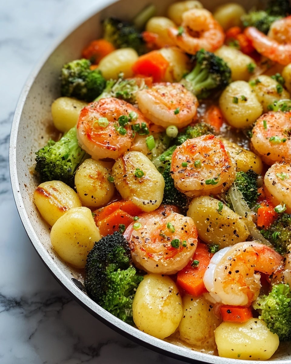 A close-up view of a cooked dish served in a white pan filled with three main layers: the bottom layer consists of golden gnocchi pieces with a hint of oil shine and black pepper specks, scattered evenly throughout; the middle layer is a mix of bright green broccoli florets and small, soft orange carrot slices, adding vibrant color and texture contrast; the top layer showcases pink, slightly charred shrimp arranged on top of the vegetables and gnocchi, garnished with small green herb pieces for freshness. The background is a white marbled texture, giving a clean and fresh look. Photo taken with an iphone --ar 4:5 --v 7