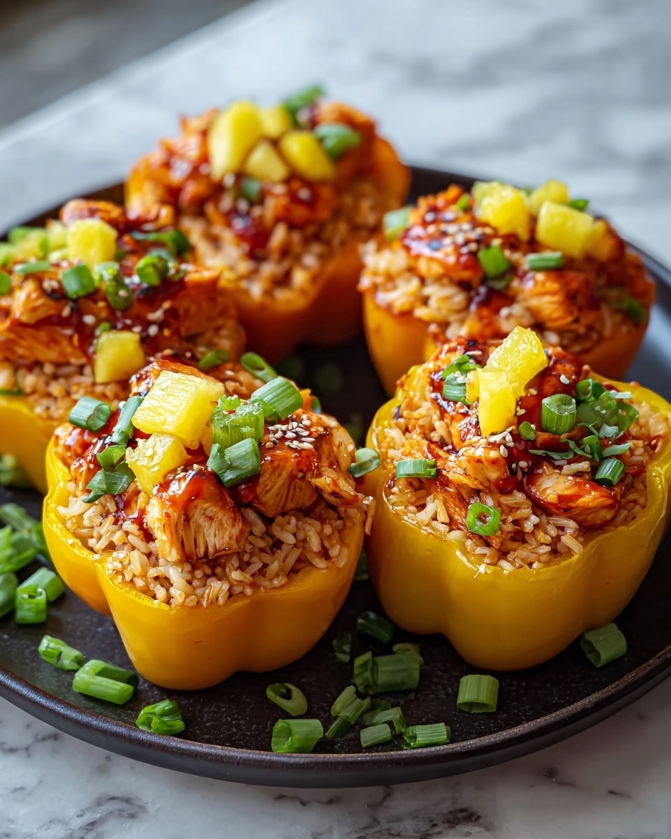 The image shows five yellow bell peppers hollowed out and filled with a layer of light brown cooked rice, topped with grilled chicken pieces glazed with a shiny reddish sauce, and garnished with small chunks of bright yellow pineapple and chopped green onions. The bell peppers are arranged close together on a dark round plate with some scattered green onions around them. The plate is placed on a surface with a white marbled texture, and the scene has natural soft lighting. photo taken with an iphone --ar 4:5 --v 7