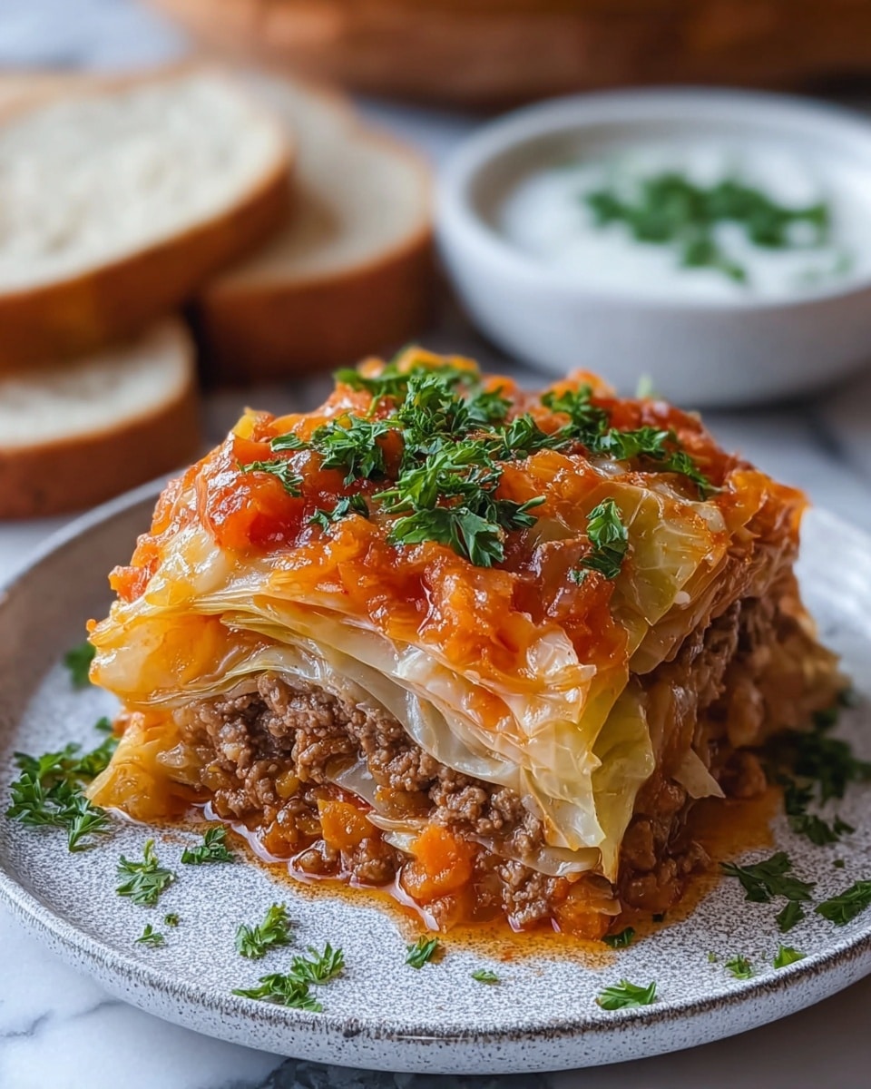 A thick slice of layered cabbage roll sits centered on a white plate with a grey speckled edge, placed on a white marbled surface. The bottom layer is a mix of cooked ground beef with a coarse texture, topped by soft, translucent cabbage leaves with light green and white shades. Over the cabbage is a chunky orange-red tomato sauce with visible bits of cooked carrot and onion. The top layer is sprinkled with chopped fresh green parsley, adding a pop of bright color. In the background, there are two slices of lightly toasted white bread and a small white bowl with a white sauce garnished with green herbs, softly blurred. Photo taken with an iphone --ar 4:5 --v 7