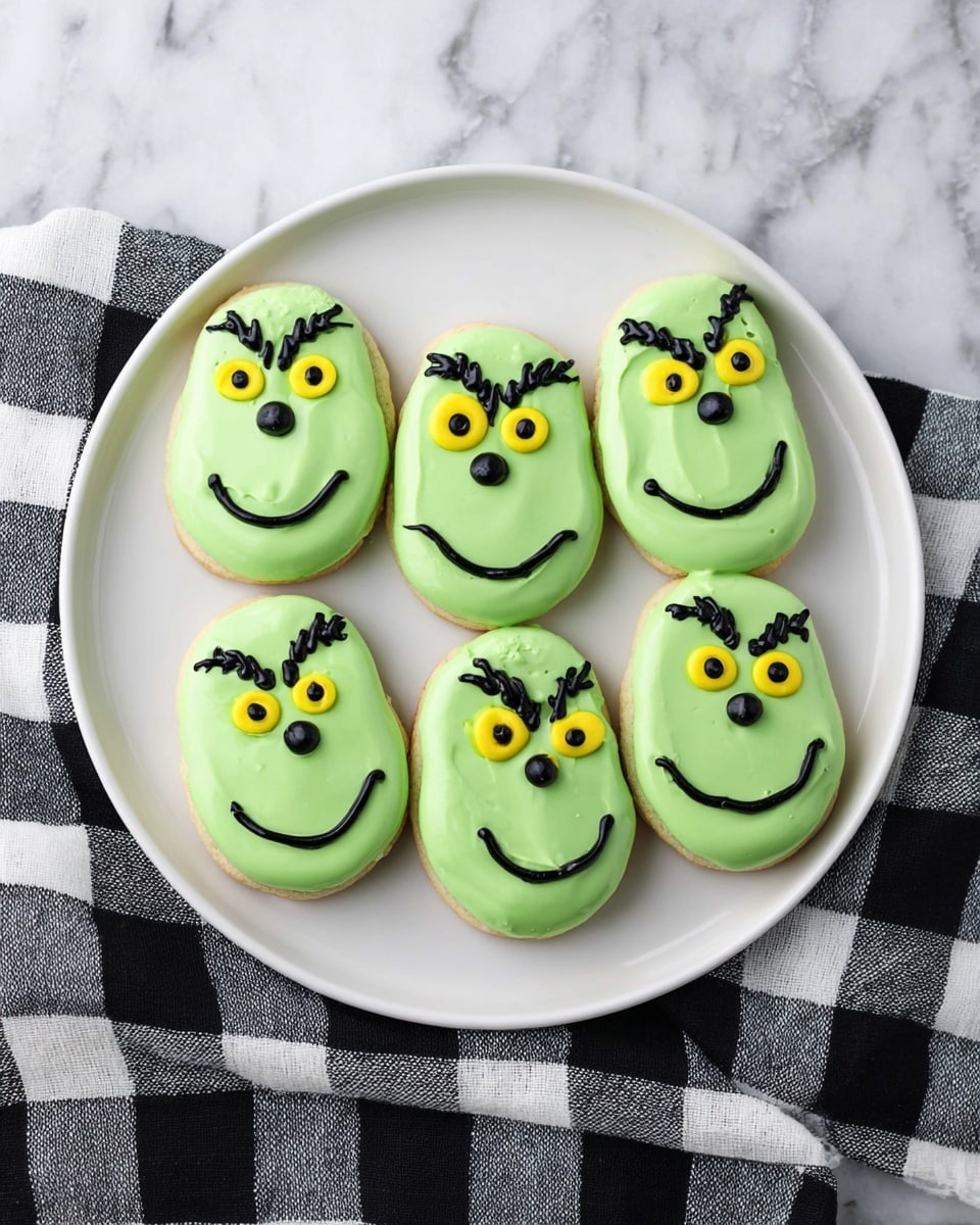The image shows six oval-shaped cookies on a white plate. Each cookie has a smooth, light green coating and is decorated to look like the Grinch's face with two yellow circular eyes featuring small black pupils, black icing eyebrows, and a black nose and mouth with a smiling expression. The cookies are arranged in two rows of three on the plate, which is placed on a black and white checkered cloth on a white marbled surface. photo taken with an iphone --ar 4:5 --v 7