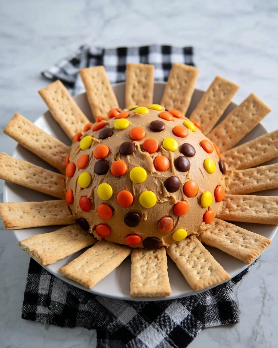 A round dome of light brown peanut butter mixture sits at the center of a white plate on a white marbled surface, decorated with colorful candy pieces in orange, yellow, and dark brown pressed evenly into the dome’s surface. Around the dome, rectangular light tan crackers are placed standing up in a radial pattern like sun rays, resting on a black and white checkered cloth under the dome. The texture of the peanut butter dome is smooth with slight cracks from shaping. photo taken with an iphone --ar 4:5 --v 7