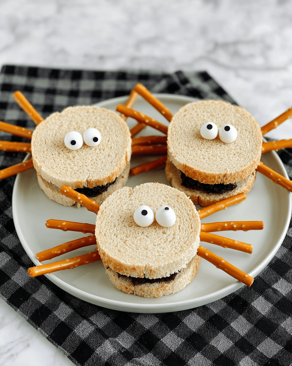 The image shows three round sandwiches designed to look like spiders on a white plate placed on a black and white checkered cloth over a white marbled surface. Each sandwich has two layers of light brown bread with visible texture, and inside, there is a dark filling visible through the gaps. Pretzel sticks are used as spider legs, with four sticks on each side of the sandwiches, crossing under the bread circles. Each sandwich has two small white candy eyes placed on top. Photo taken with an iphone --ar 4:5 --v 7