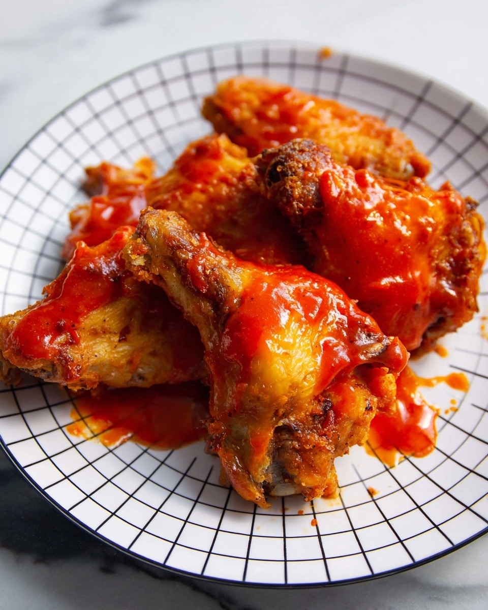 A white plate with a black grid pattern holds five chicken wings covered in bright red sauce. The wings are golden brown and crispy underneath the sauce, which is glossy and slightly thick, dripping onto the plate. The wings are arranged close together, some overlapping, with the sauce spread unevenly, showing parts of the fried skin. The background is a white marbled texture, and the photo has a close-up, clear focus showing the texture of the crispy skin and sauce. photo taken with an iphone --ar 4:5 --v 7