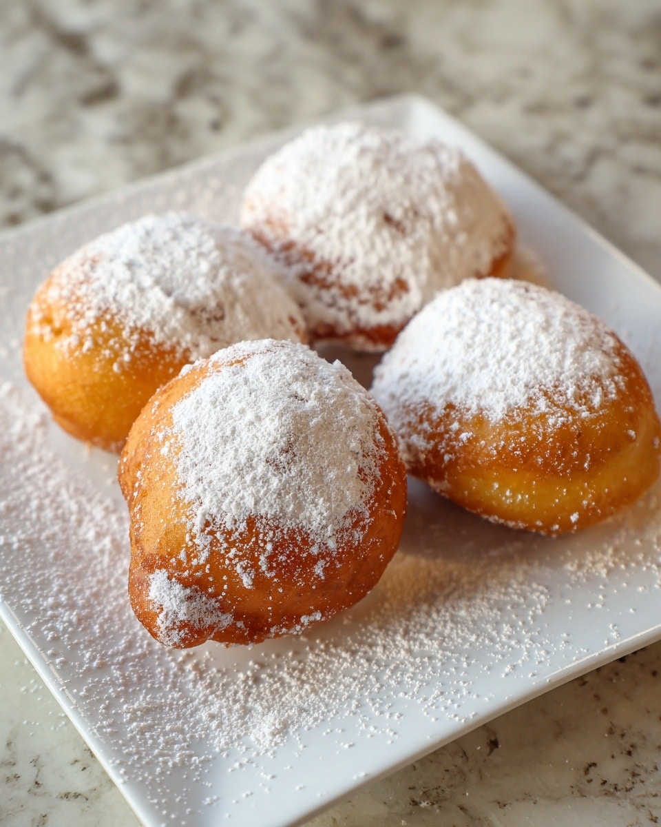 The image shows four deep-fried golden brown pastries placed closely together on a white square plate, each covered with a thick layer of white powdered sugar dusted unevenly on top, making the pastries appear soft and powdery. One pastry has a small raised crispy corner, adding texture contrast to the smooth rounded tops. The plate rests on a white marbled surface with some powdered sugar scattered around it. photo taken with an iphone --ar 4:5 --v 7