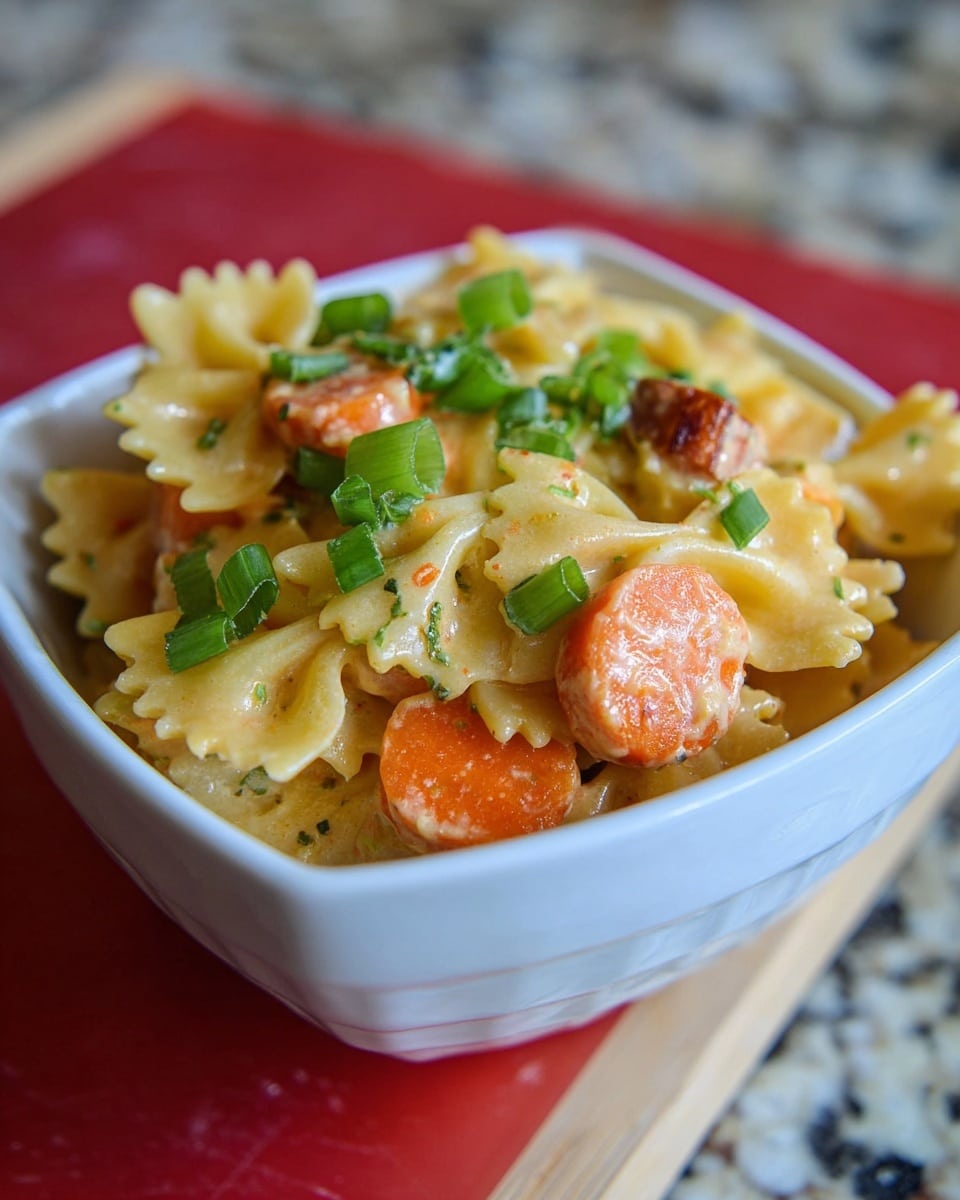 The image shows a white bowl filled with farfalle pasta coated in a creamy orange sauce. Mixed within the pasta are round slices of orange carrots and small pieces of what looks like chicken or sausage. The dish is topped with chopped green onions, adding a fresh green color contrast. The bowl sits on a red cutting board with a white marbled surface in the background. The focus is on the pasta with a shallow depth of field, making the background blurred. photo taken with an iphone --ar 4:5 --v 7